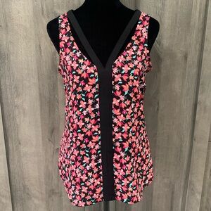 Candies Peek A Boo Neckline Black & Pink Floral Sheer Tank Top Women's Size XS